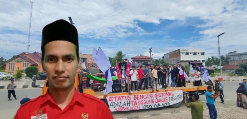Foto: Rizal Fahmi Ketua PWRI Aceh Utara dan Aksi Damai Didepan Kantor Bupati