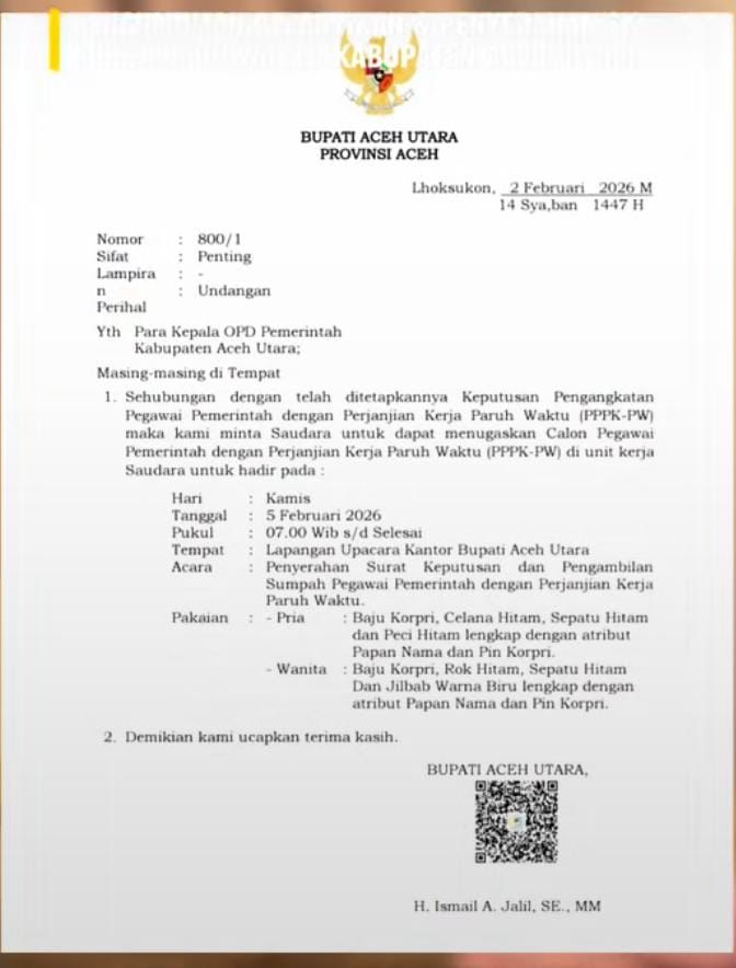 Ayah Wa Bupati Aceh Utara Akan Melantik 8.094 PPK Paruh Waktu, Catat Tanggalnya