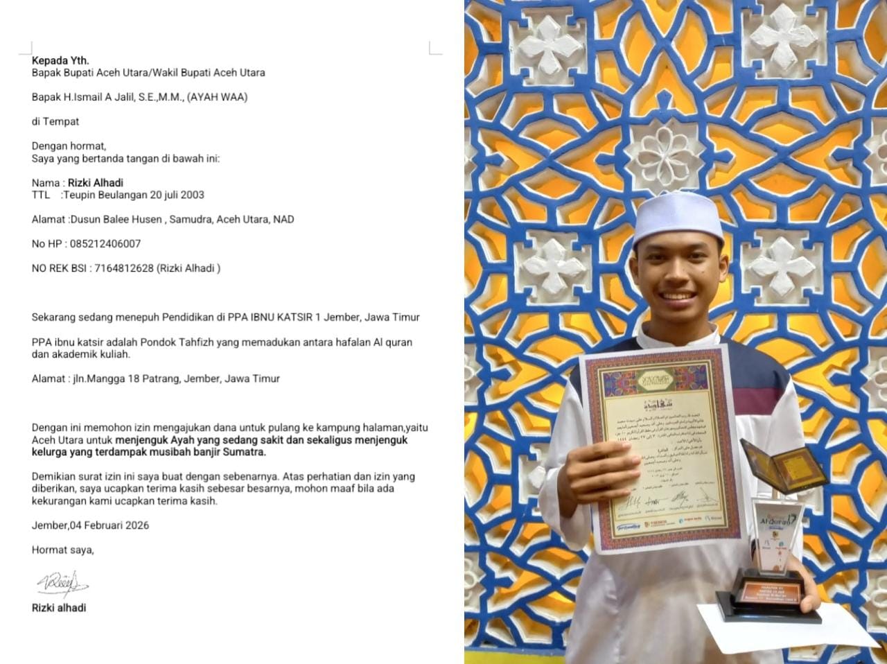 Tak Punya Biaya Pulang, Pemuda Berprestasi Asal Samudera Berharap Uluran Tangan ‘Ayahwa’ Demi Temui Ayah Yang Sakit